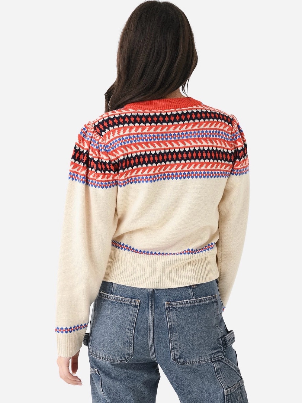 Hunter Bell Jackie Fair Isle Wool Blend Crewneck Sweater Cream Puff Shoulder XS - Picture 3 of 13